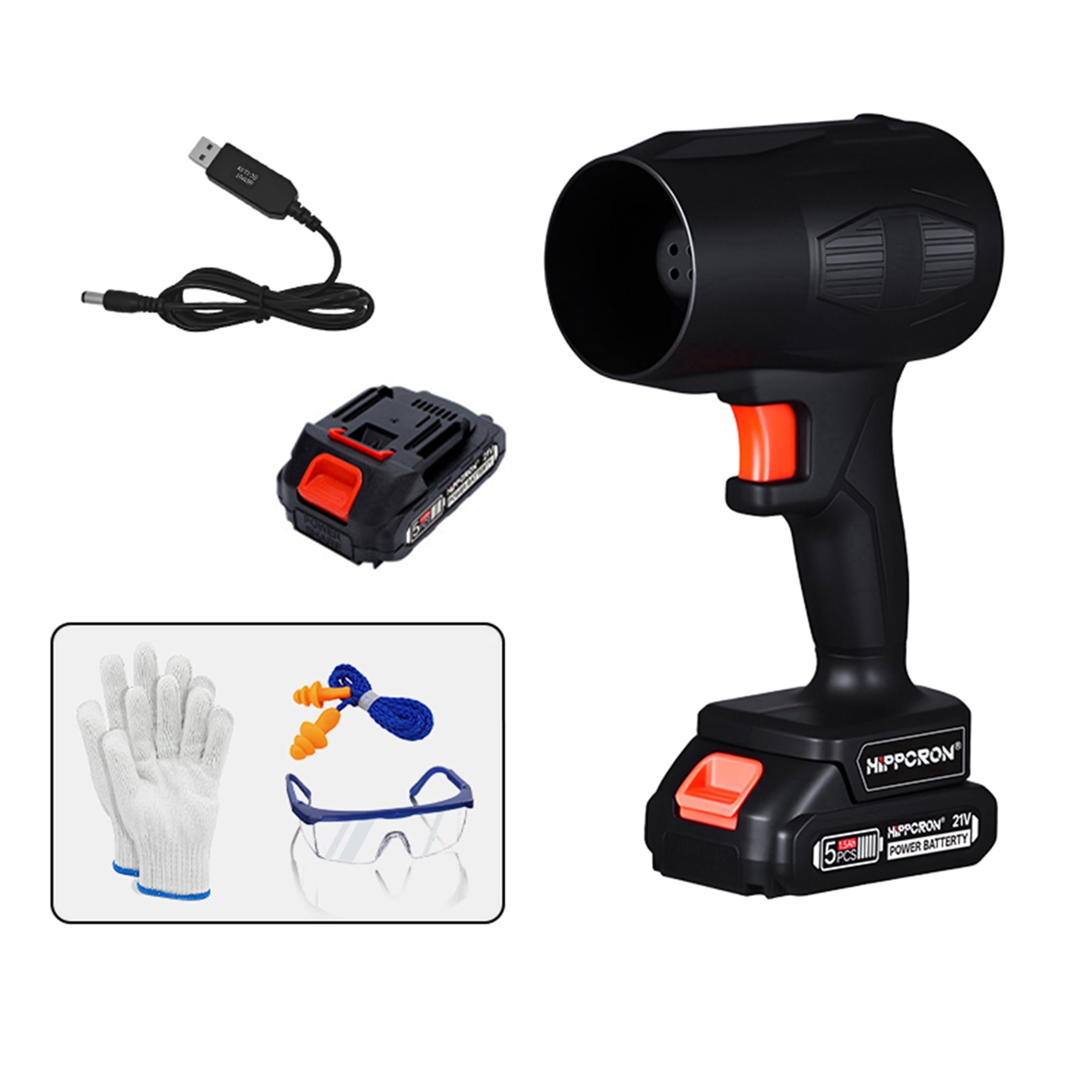 HIPPCRON 21V Cordless Leaf Blower, 30000RPM High-Speed Motor, One 1500mAh Battery, USB Charging, Safety Kit with Gloves, Goggles and Earplugs