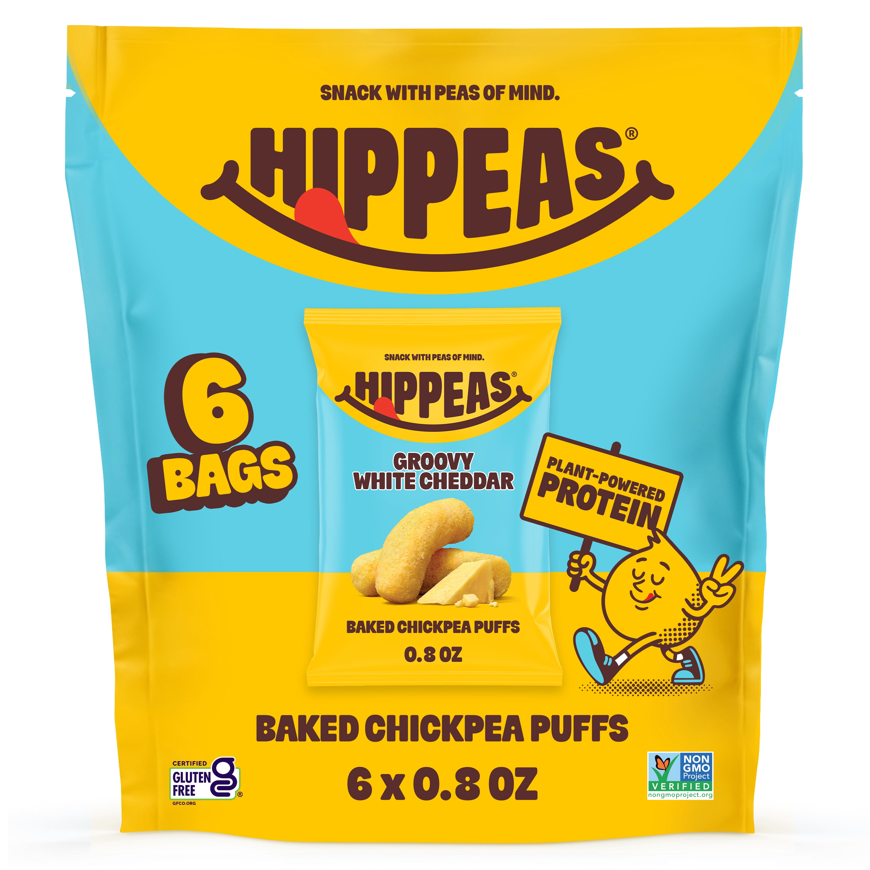 HIPPEAS Chickpea Puffs, Groovy White Cheddar, Gluten Free, Dairy Free, 4g Protein, 0.8 oz, 6 Pack