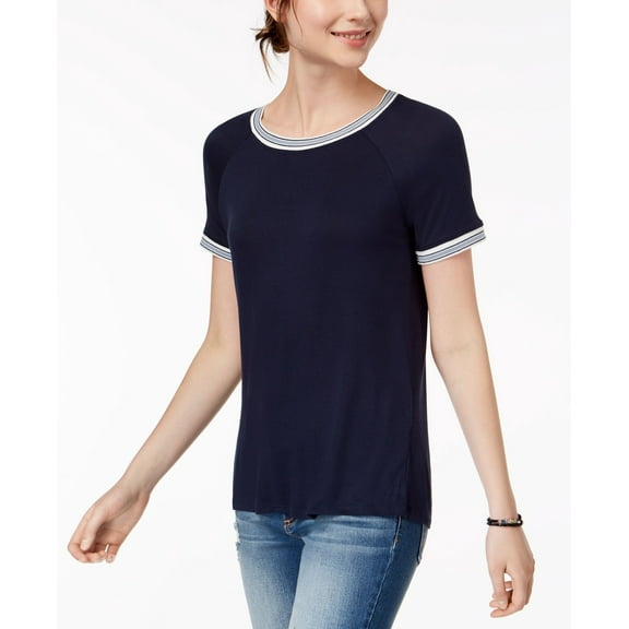 Hippie Rose Juniors Crew Neck Ringer T-Shirt Navy L