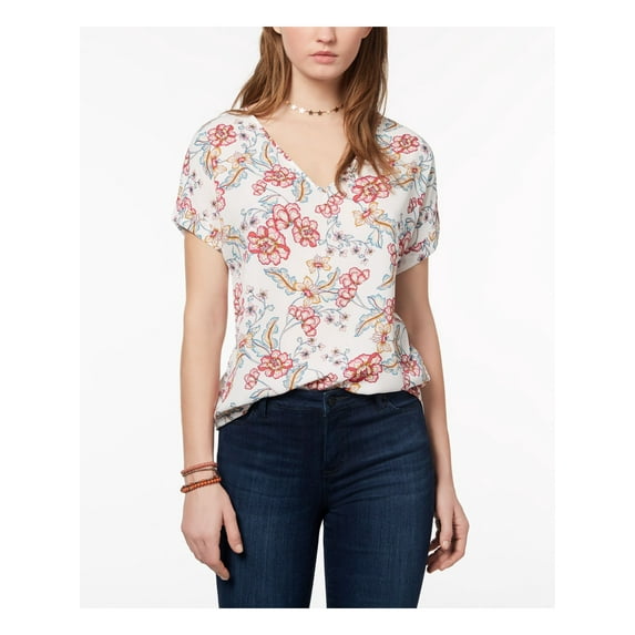 HIPPIE ROSE $34 Womens New White Floral Short Sleeve T-Shirt Top XS Juniors B+B