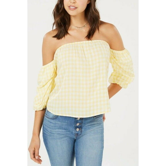 HIPPIE ROSE $34 Womens Yellow White Gingham Off Shoulder Top XL Juniors B B