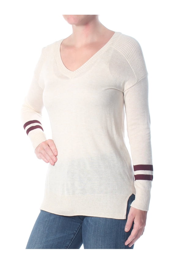 Womens Beige Long Sleeve V Neck Hi-Lo Sweater Juniors XL