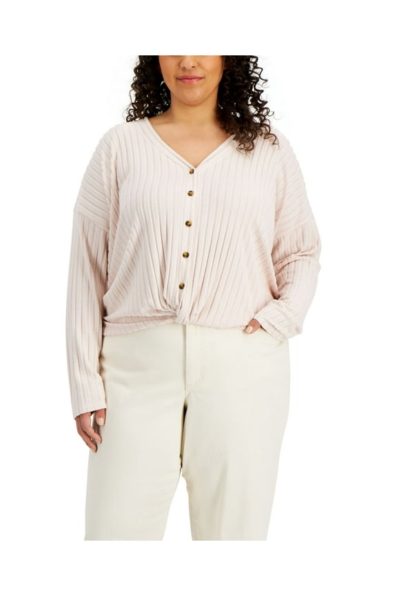 Womens Pink Sheer Twist Front Drop Shoulders Long Sleeve V Neck Button Up Top 3X