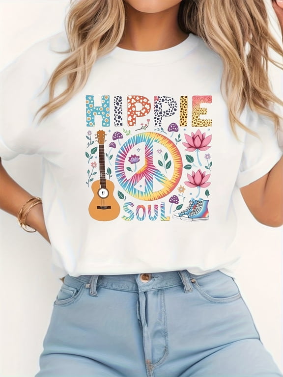 HIPPIE SOUL Letter Print T-shirt, Short Sleeve Crew Neck Casual Top for Summer & Spring, Women's Clothing