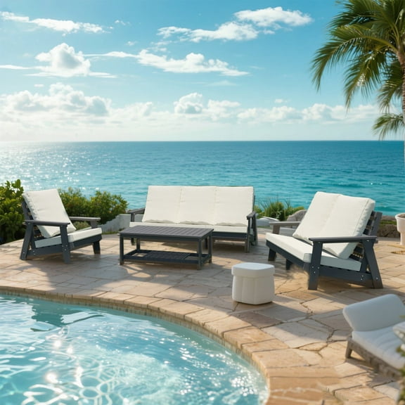 HIPS All-Weather Loveseat with Cushions - Wood Grain Outdoor Sofa for Patio, Poolside & Garden (Grey/Beige)