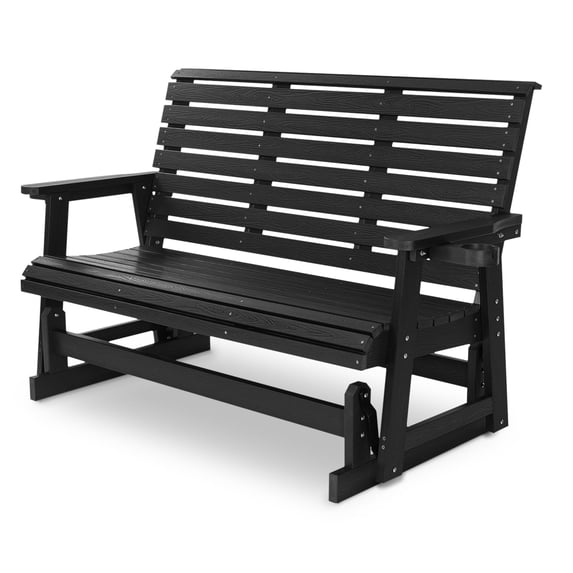 HIPS Patio Glider with Cup Holders, Durable Poly Lumber Material, All-Weather Resistant, High Backrest and Deep Contoured Seat, Ladder Back, Heavy Duty 900 LB, for Outdoor, Patio (Black, 3-Seat)