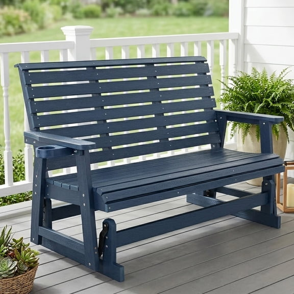 HIPS Patio Glider with Cup Holders, Durable Poly Lumber Material, All-Weather Resistant, High Backrest and Deep Contoured Seat, Ladder Back, Heavy Duty 900 LB, for Outdoor, Patio (Navy Blue, 3-Seat)