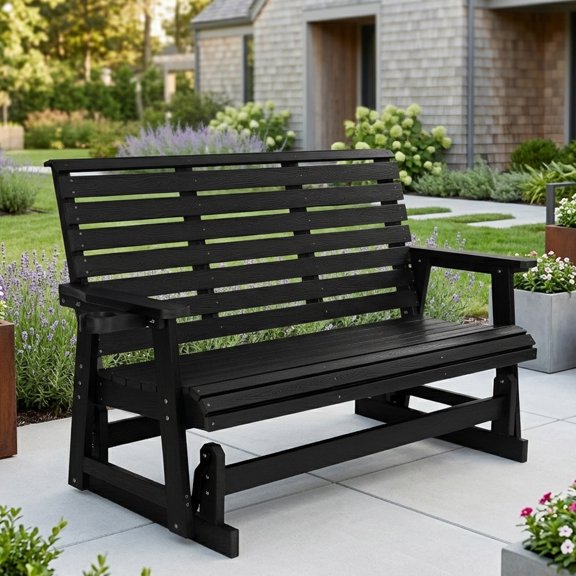 HIPS Patio Glider with Cup Holders, Durable Poly Lumber Material, All-Weather Resistant, High Backrest and Deep Contoured Seat, Ladder Back, Heavy Duty 900 LB, for Outdoor, Patio (Black, 3-Seat)