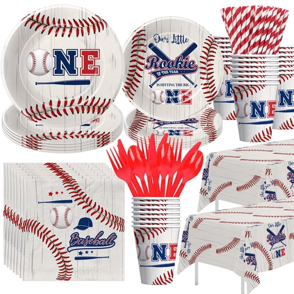 HIPVVILD Baseball First Birthday Party Supplies - Rookie of The Year 1st Birthday Decorations Tableware, Plate, Cup, Napkin, Cutlery, Tablecloth, Baseball One-Year-Old Supplies | Serve 24 Y101
