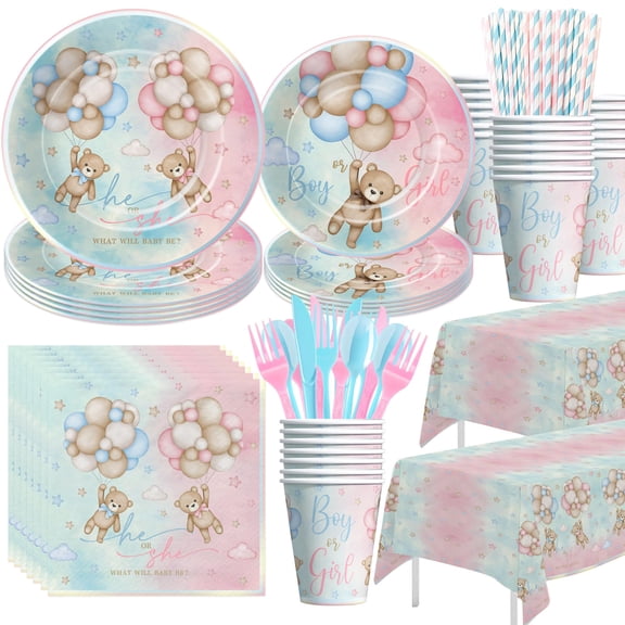 HIPVVILD Bear Gender Reveal Decorations Party Tableware - Bear Boy Or Girl Gender Reveal Supplies, Paper Plate, Cup, Napkin, Tablecloth, Cutlery, He Or She Table Decorations | Serves 24 Y101