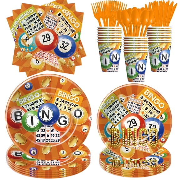 HIPVVILD Bingo Paper Plates And Napkins Decorations Party Tableware - Bingo Birthday Party Supplies, Paper Plate, Cup, Napkin, Disposable Cutlery, Serves 24 C113