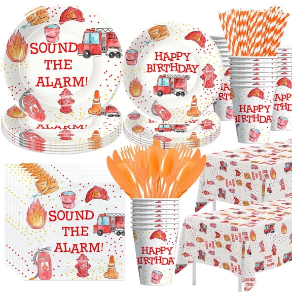 HIPVVILD Fire Truck Birthday Party Supplies Tableware - Firefighter Party Decorations Include Plates, Cups, Napkins, Tablecloth, Cutlery, Straws, Fireman Birthday Party Supplies | Serve 24 Y114