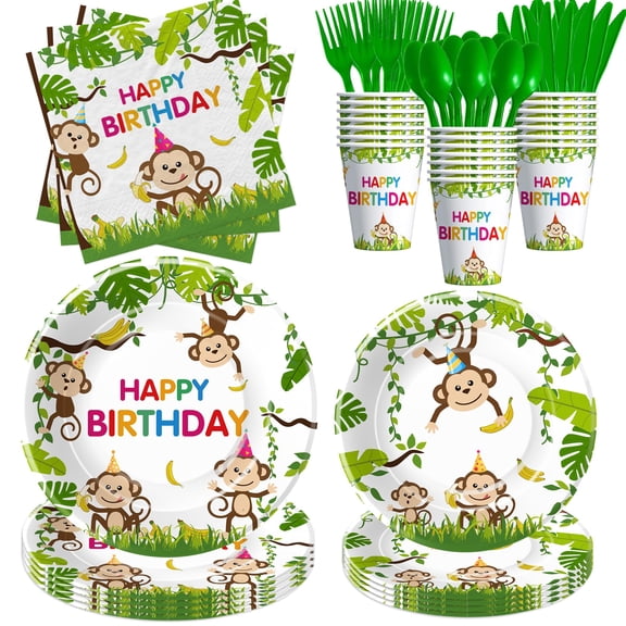 HIPVVILD Monkey Birthday Decorations Tableware, Wild Jungle Animal Monkey Theme Party Supplies for Birthday Baby Shower, Paper Plate, Cup, Napkin, Cutlery, Serves 24 C113