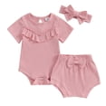 thumbnail image 1 of HIPYLO Baby Girls Short Sleeve Bodysuit Bloomer Shorts Ribbed Outfits Newborn Rib Knit Ruffle Romper Shorts Headband 3pcs Basic Solid Clothes Cute Outfit, 1 of 6