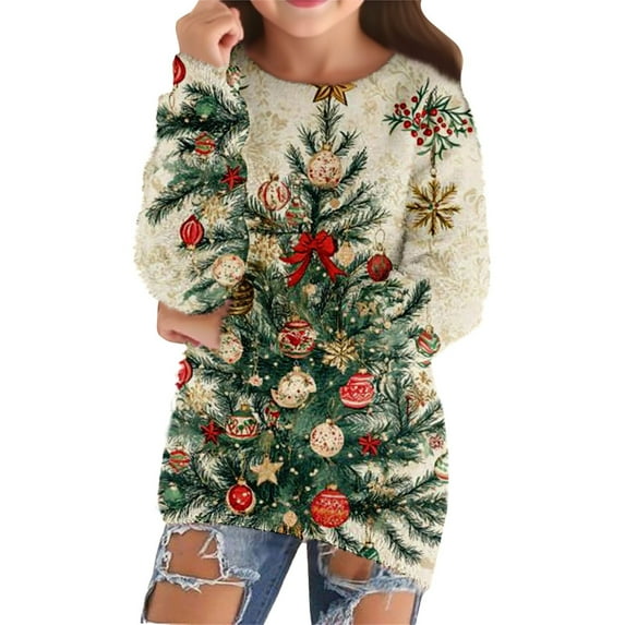 HIPYLO Family Christmas Shirts Long Sleeve Xmas Shirt Christmas T Shirts Funny Cute Tops for Teens Girls Red Tshirt Boys White Tshirts Size 14-16, Beige 5-6 Years
