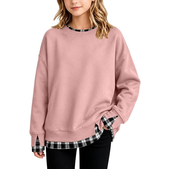 HIPYLO Girls Crew Neck Long Sleeve Sweatshirt with Contrast Trim Pullover Top Casual Loose Fit Shirt for Toddler Kids Teen Tween