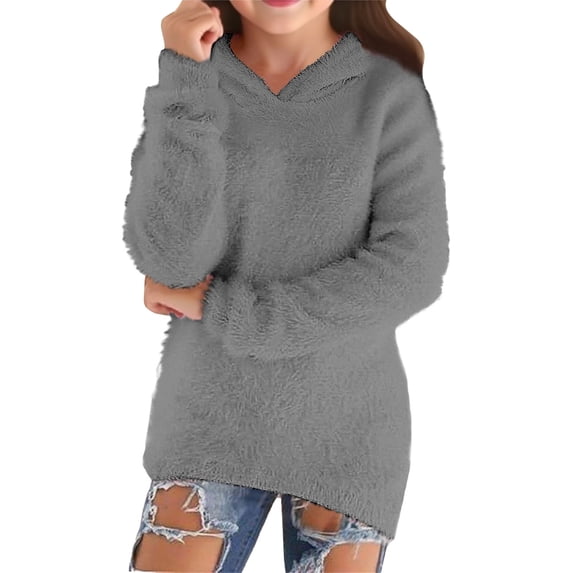 HIPYLO Girls Fuzzy V Neck Long Sleeve Pullover Top Cozy Soft Warm Shirt for Toddler Kids Teen Tween Fall Winter Casual Daily Wear