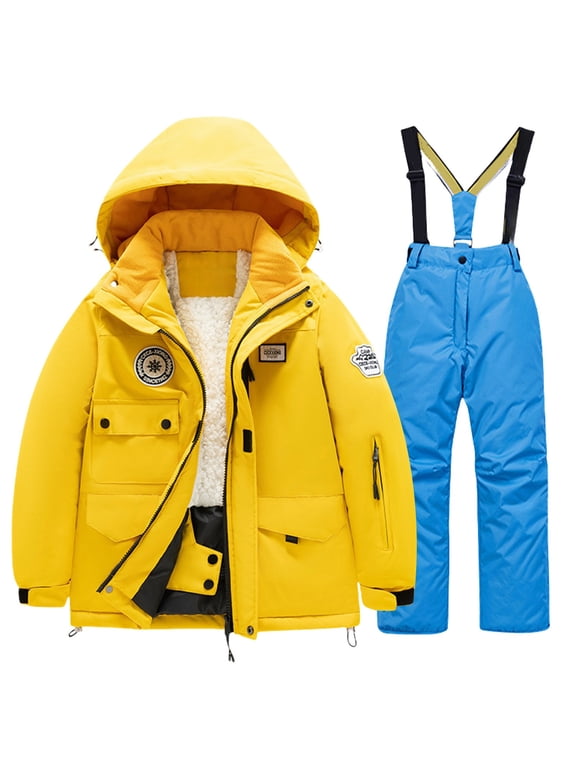 Toddler Snow Suit Kids Boys Hooded Winter Jacket and Suspender Overalls Set Warm Outdoor Ski Suit Baby Boy Clothes Waterproof Cold Weather Gear