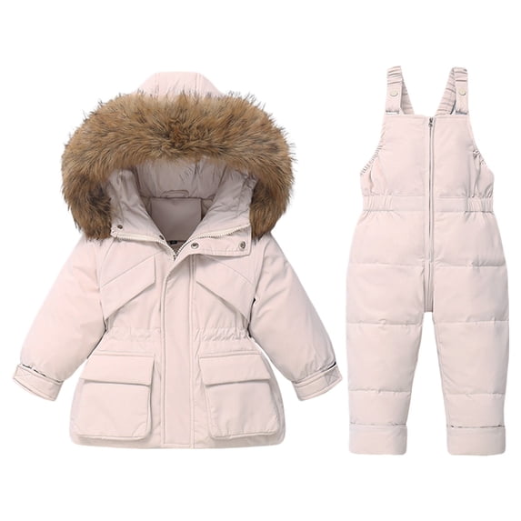 HIPYLO Toddler Snowsuit Infant Newborn Kids Girls Fluffy Hooded Winter Coat and Bib Overalls Set Warm Outdoor Padded Suit Baby Winter Clothes Windproof Ski Outerwear