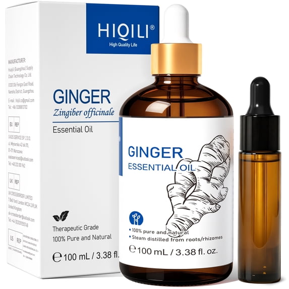 HIQILI Pure Ginger Essential Oil, 100mL for Hair Care, Aromatherapy, Massage, Skin Care