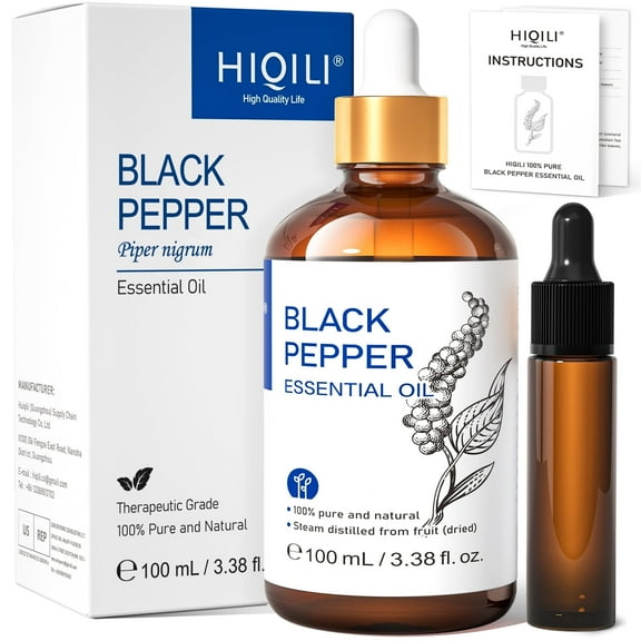 HIQILI Pure Black Pepper Essential Oil, Spicy Warm Scent for Aromatherapy Diffuser Massage-100mL