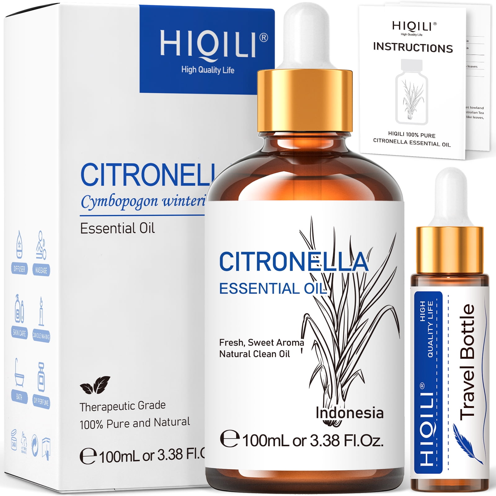 HIQILI Citronella Essential Oi, 100ML/3.38 Fl.Oz Pure Plant Oil for Diffuser, Humidifier, Massage, Skin Care