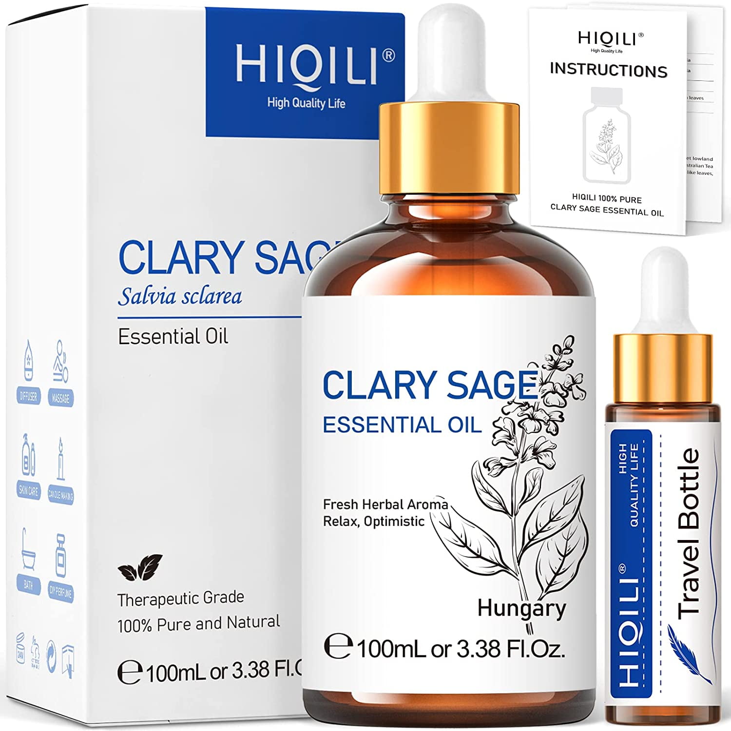 HIQILI Clary Sage Essential Oil, Pure Sage Oil for Diffuser, Skin, Hair