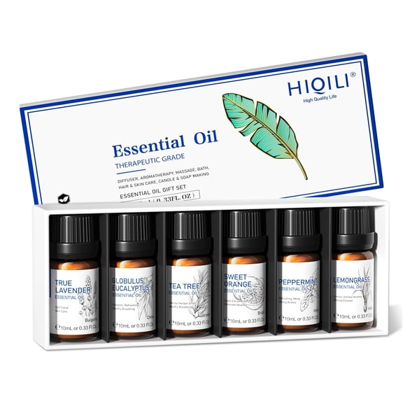 HIQILI Essential Oils Set, 6PCS*10ML Pure Plant Oil for Diffuser, Humidifier, Massage, Skin, Hair
