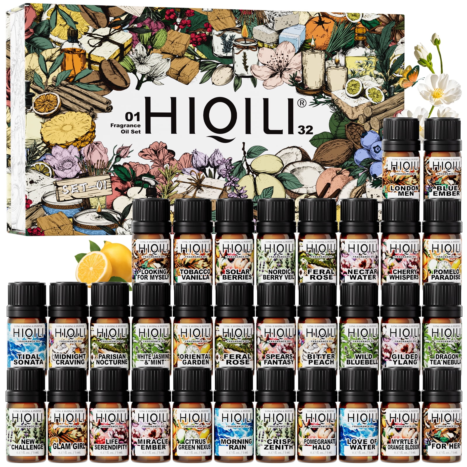 HIQILI 32pcs *5mLFragrance Oil Set, Long-Lasting Scent, for Diffuser Diy Perfume Candle Making, Mother's Day Gift Set