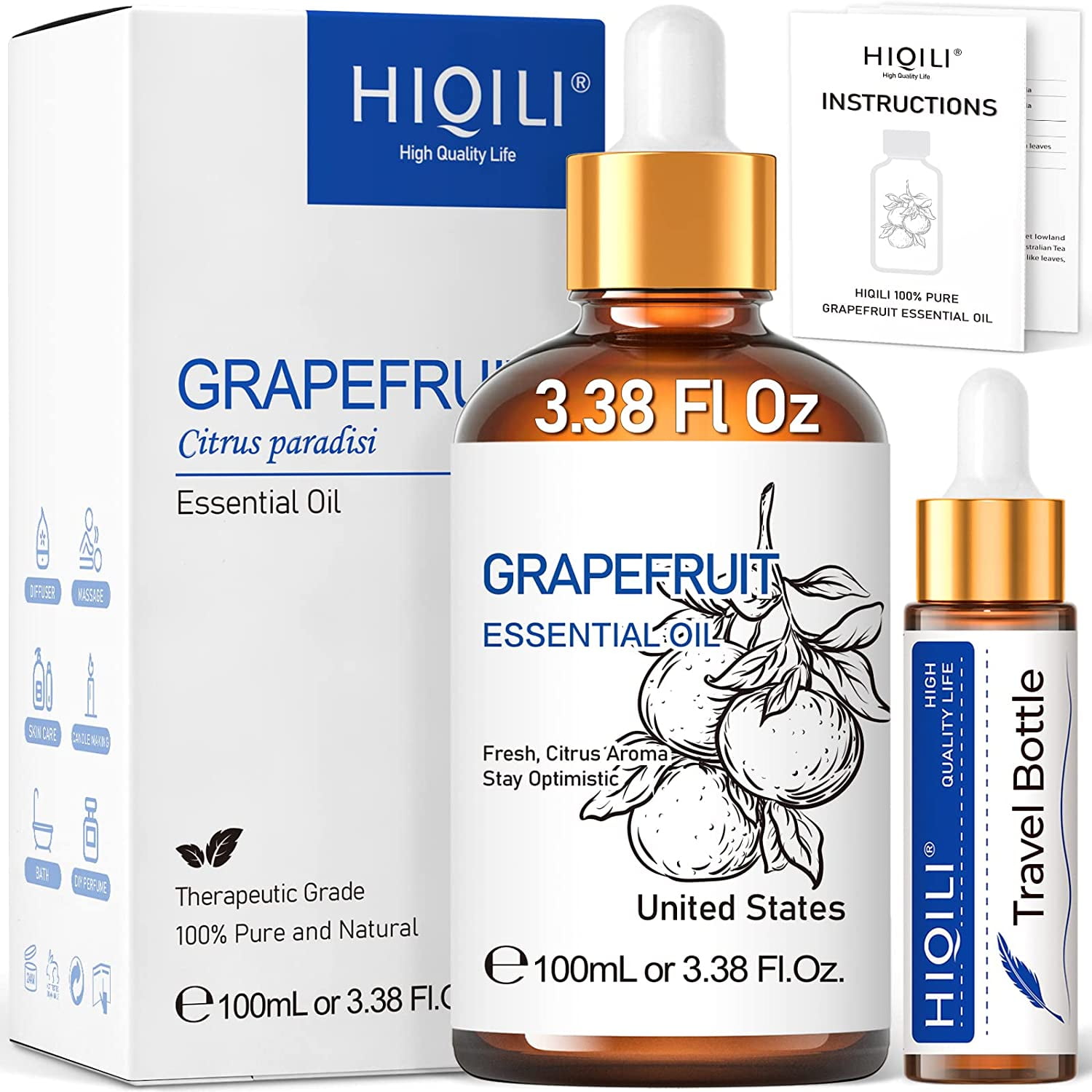 HIQILI Pure Grapefruit Essential Oil for Diffuser, Skin, Massage Aromatherapy Liquid Drops