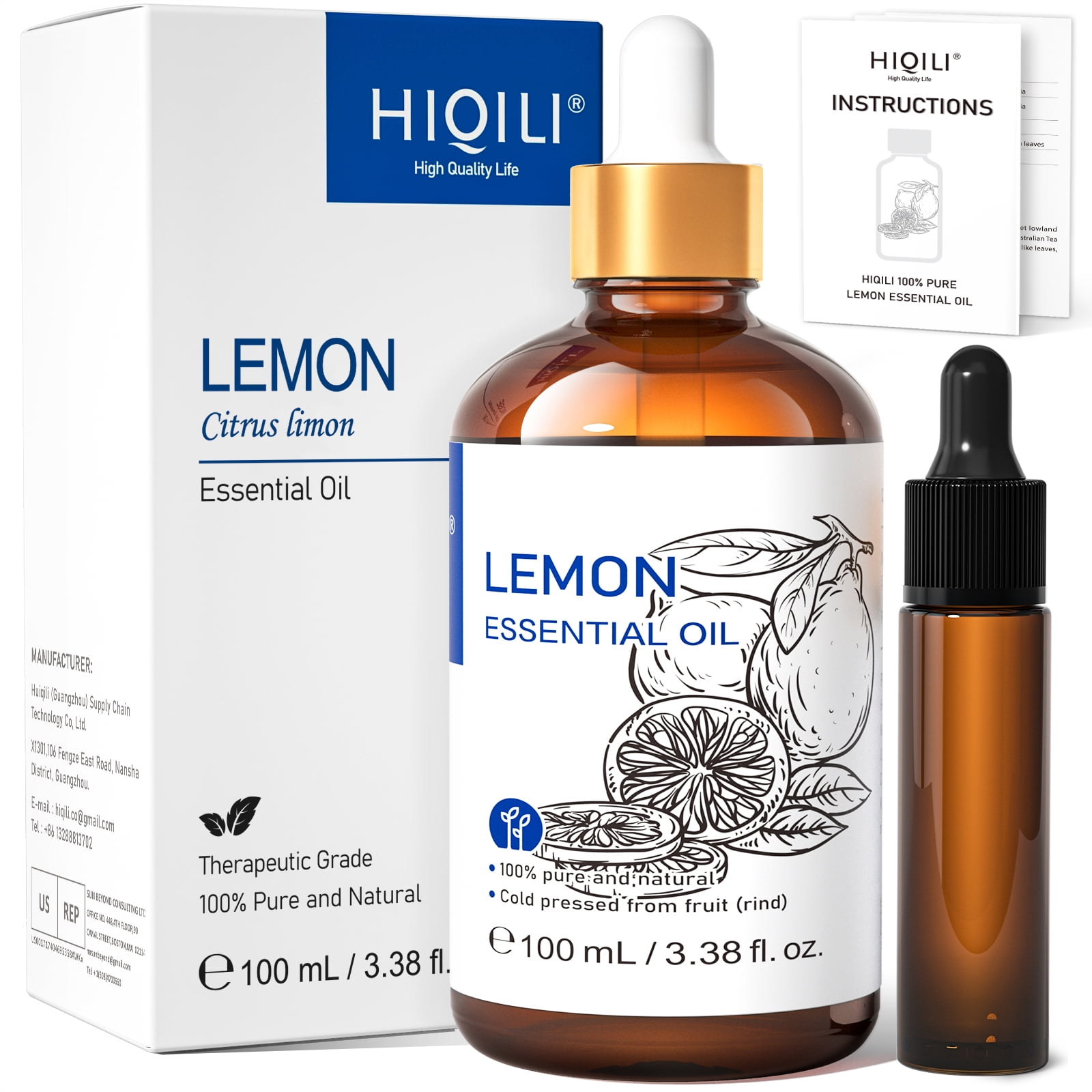 HIQILI Lemon Essential Oil, 100% Pure for Cleaning, Air Purification, Cleansers, Skine Care -100mL