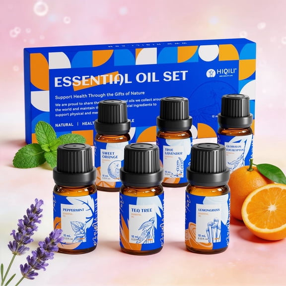 HIQILI Pure Essential Oil Set, 6x10 mL Gift Set for Massage Skin&Hair Care Diffuser Diy Candles