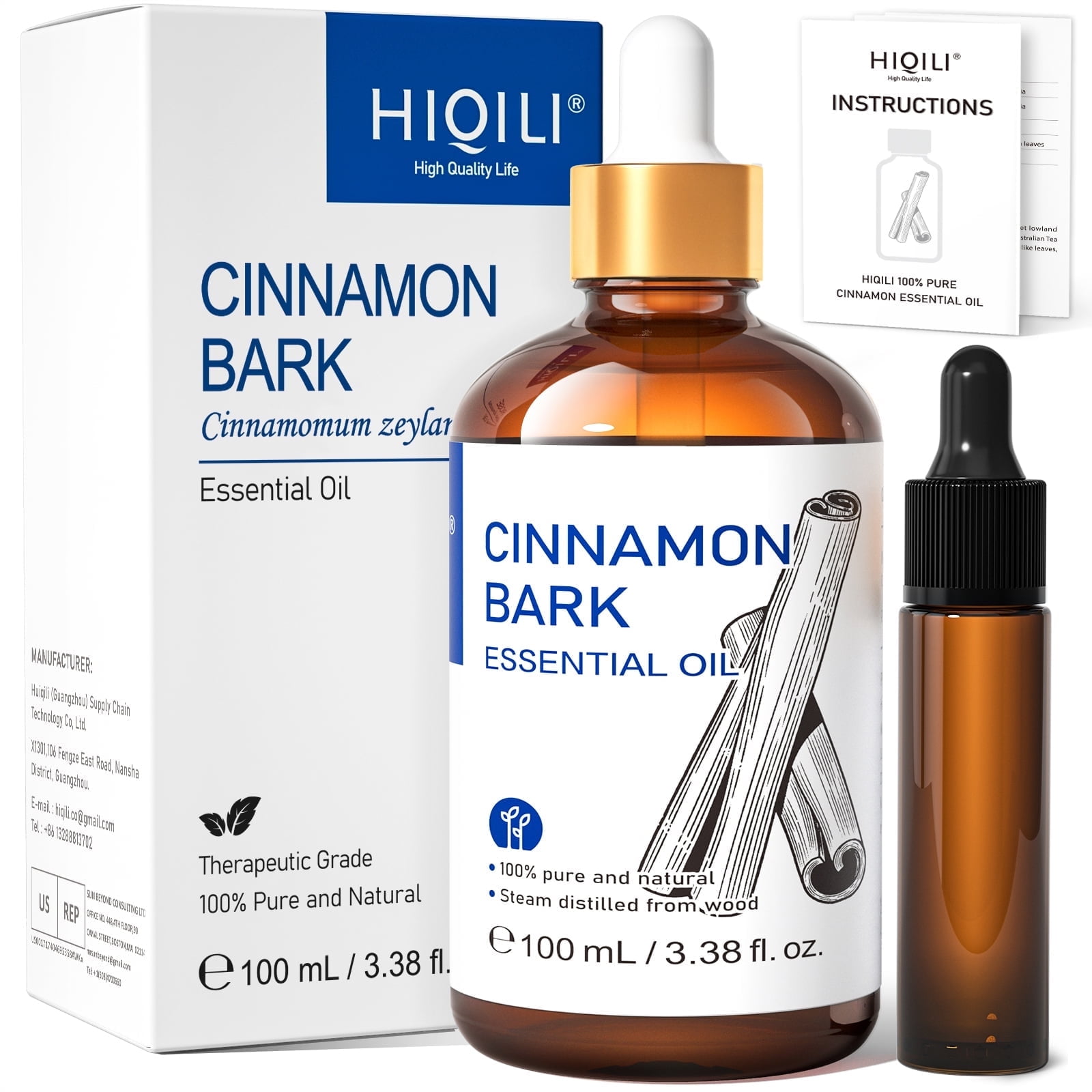 HIQILI Cinnamon Bark Essential Oil, 100% Pure for Diffuser, Massage, Spary, Garden, Kitchen-100mL