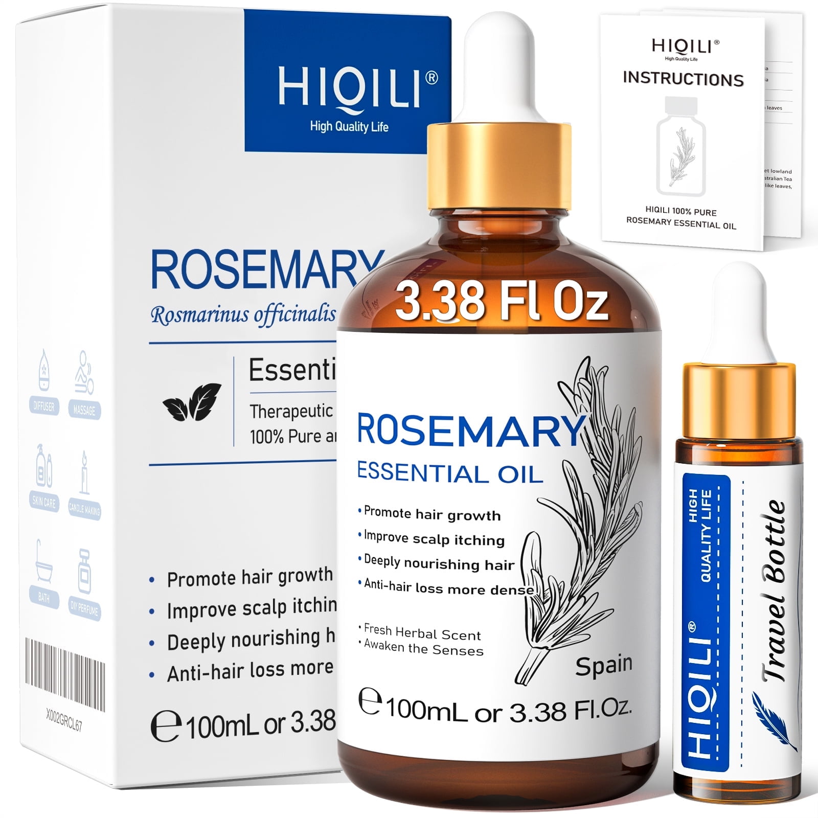 HIQILI Rosemary Essential  Oil for Hair Care, Diffuser, Massage, Add to Shampoo, Conditioner-100mL