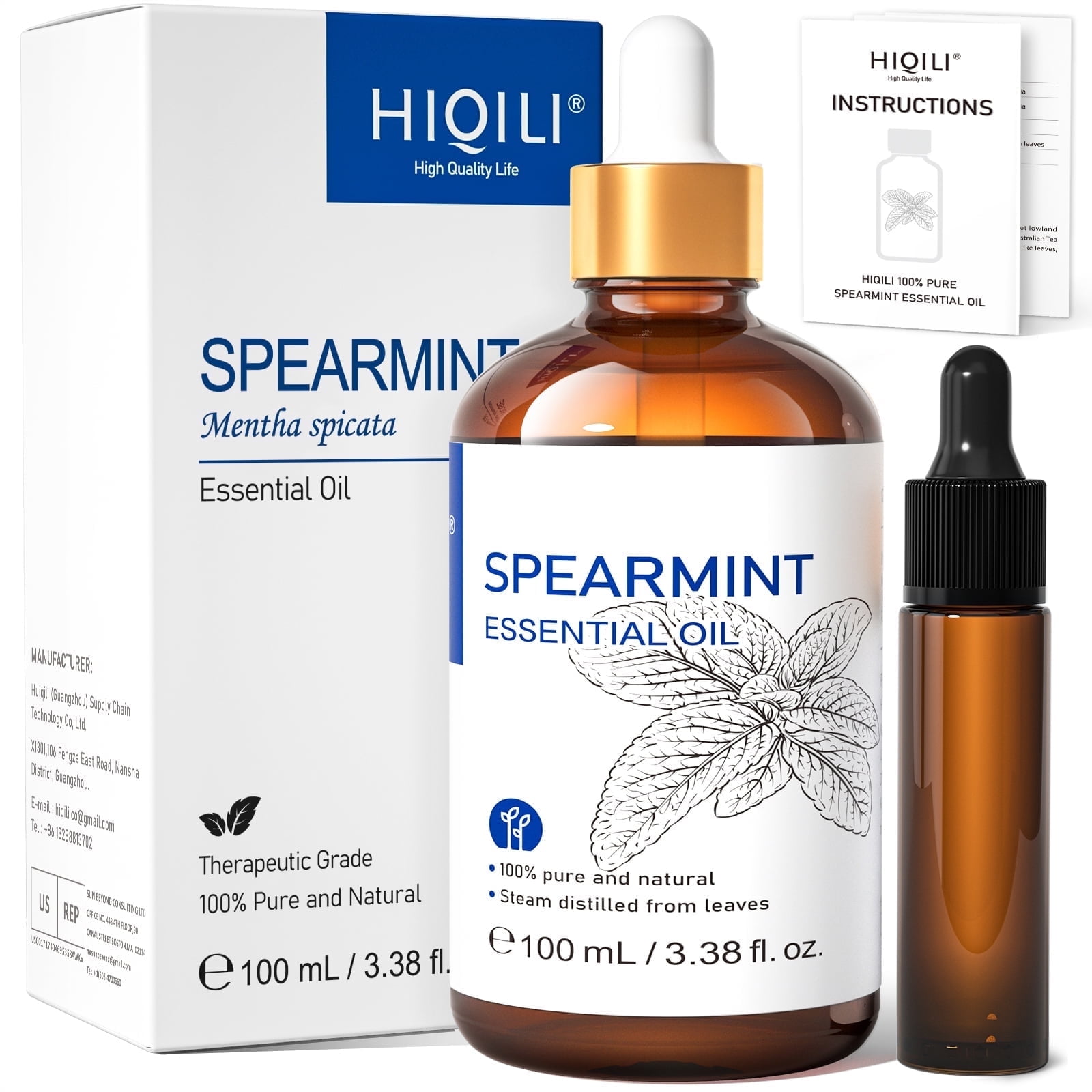HIQILI Spearmint Essential Oil, 100mL Pure Natural Oil for Skin Care, Facial, Add to Lotions, Creams