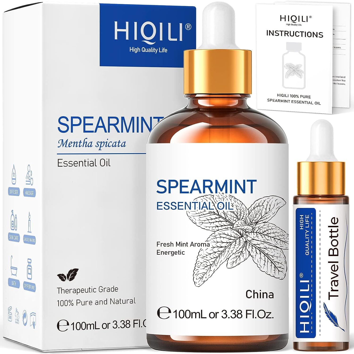 HIQILI Spearmint Essential Oil, 100ml / 3.38 FI. Oz Undiluted Essential Oil with Dropper for Diffuser, Humidifier, Air Purifier, Candle and Soap Making, Skin Care, Hair Care