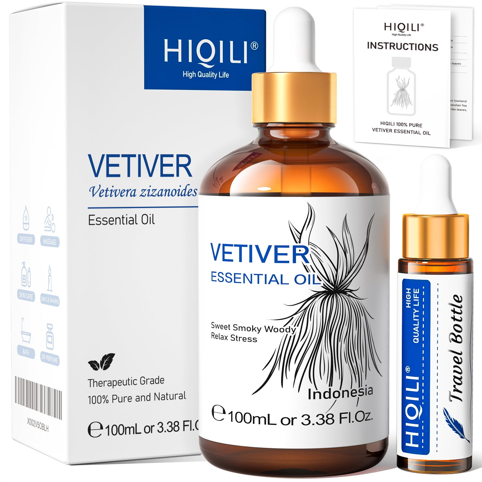 HIQILI Natural Vetiver Essential Oil, Pure Vetiver Oil for Diffuser