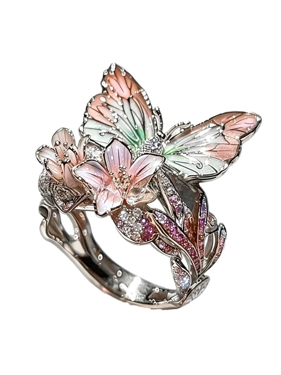 Butterfly Floral Rings for Women Enamel Open Adjustable Stainless Steel Cubic Zirconia Vintage Elegant Hollow Out Pink Flower Dainty Personalized Gift Jewelry Silver Plated C