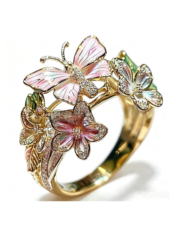 Butterfly Floral Rings for Women Enamel Open Adjustable Stainless Steel Cubic Zirconia Vintage Elegant Hollow Out Pink Flower Dainty Personalized Gift Jewelry Gold Plated D
