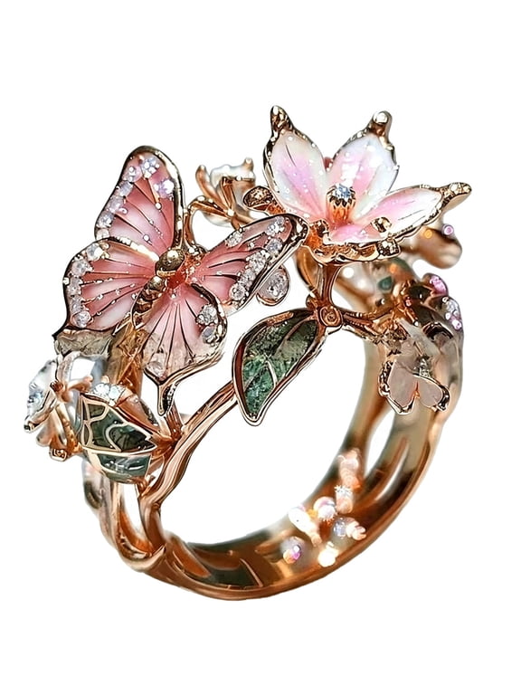 Butterfly Floral Rings for Women Enamel Open Adjustable Stainless Steel Cubic Zirconia Vintage Elegant Hollow Out Pink Flower Dainty Personalized Gift Jewelry Rose Gold Plated A