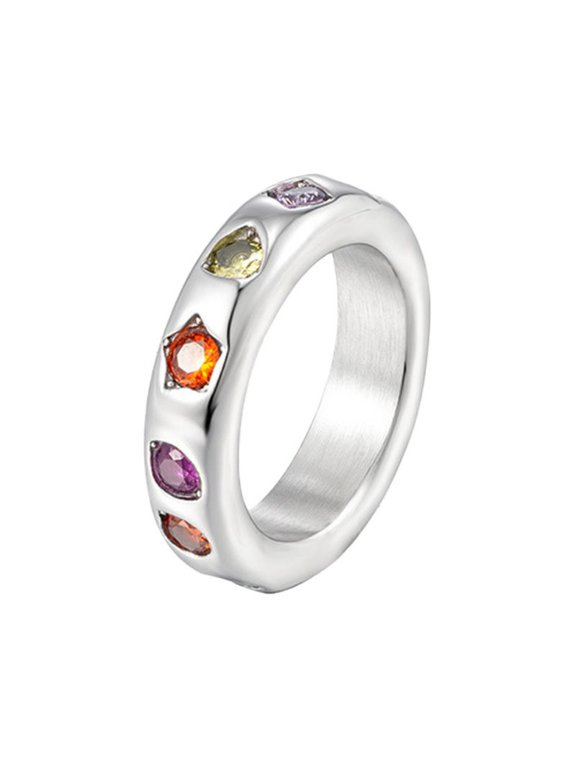 Colorful Rings for Women Multi Stone Band Cubic Zirconia Stone Stainless Steel Mixed Gypsy Boho Rainbow Statement Vintage Personalized Gift Jewelry Silver 5mm 9