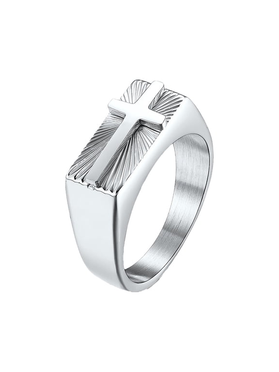 Cross Rings for Men Stainless Steel Signet Radiant Sunburst Religious Prayer Faith Vintage Punk Gothic Statement Personalized Gift Jewelry Silver 9