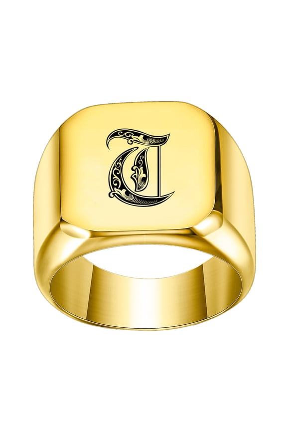 Cursive Initial Rings for Women Men Letter Alphabet Signet Stainless Steel Square 18mm Engraved Elegant Simple Dainty Personalized Gift Jewelry Gold T 6