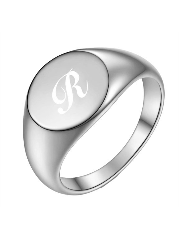Cursive Initial Rings for Women Men Letter Signet Stainless Steel Oval Top Engraved Elegant Simple Dainty Personalized Gift Jewelry Silver R 8
