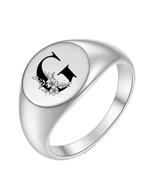 Cursive Initial Rings for Women Men Rose Flower Letter Alphabet Signet Stainless Steel Oval Engraved Elegant Simple Dainty Personalized Gift Jewelry Silver G 10