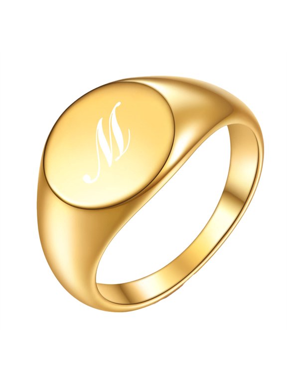 Cursive Initial Rings for Women Men Letter Signet Stainless Steel Oval Top Engraved Elegant Simple Dainty Personalized Gift Jewelry Gold M 5