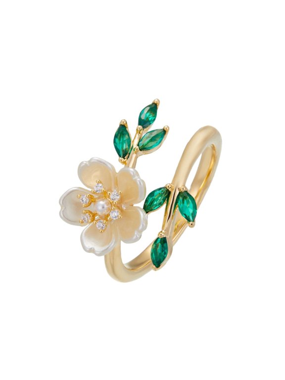 Dainty Flower Open Rings for Women Stainless Steel Imitation Pearl Cubic Zirconia Leaf Adjustable Statement Stackable Wedding Bridal Birthday Anniversary Daily Jewelry Gift Gold Plated