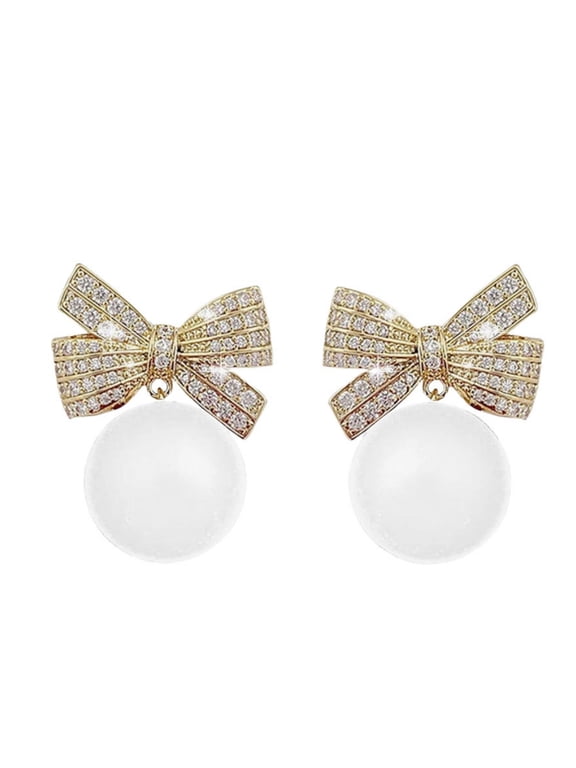 Elegant Bow Ball Dangle Earrings for Women Stainless Steel Cubic Zirconia Bead Christmas New Year Wedding Party Holiday Birthday Anniversary Daily Jewelry Gift White