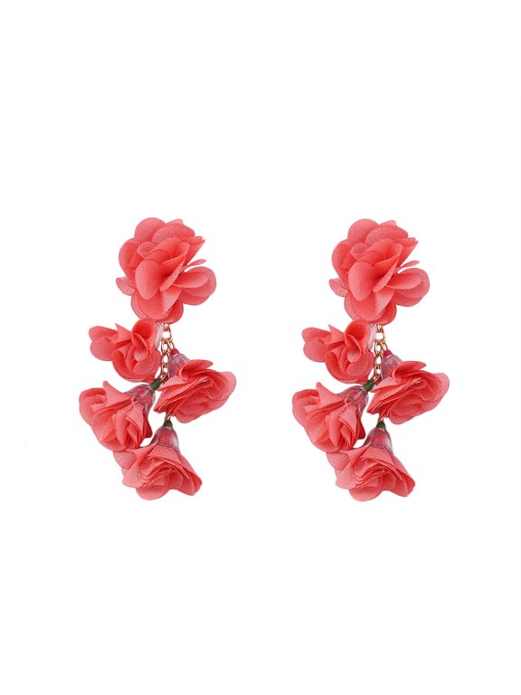 Flower Dangle Earrings for Women Floral Fabric Drop Chandelier Stainless Steel Gold Plated Boho Dainty Vacation Statement Personalized Gift Jewelry Pink