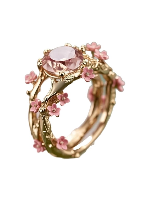 Flower Gemstone Ring for Women Pink Floral Branch Enamel Cherry Blossom Hollow Stainless Steel Fairy Elegant Dainty Costume whimsical Personalized Gift Jewelry Gold Plated 6